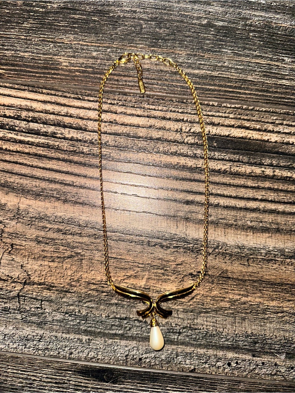 Vintage (1950’s) High-End Costume Gold Necklace with Ivory Teardrop Pendant